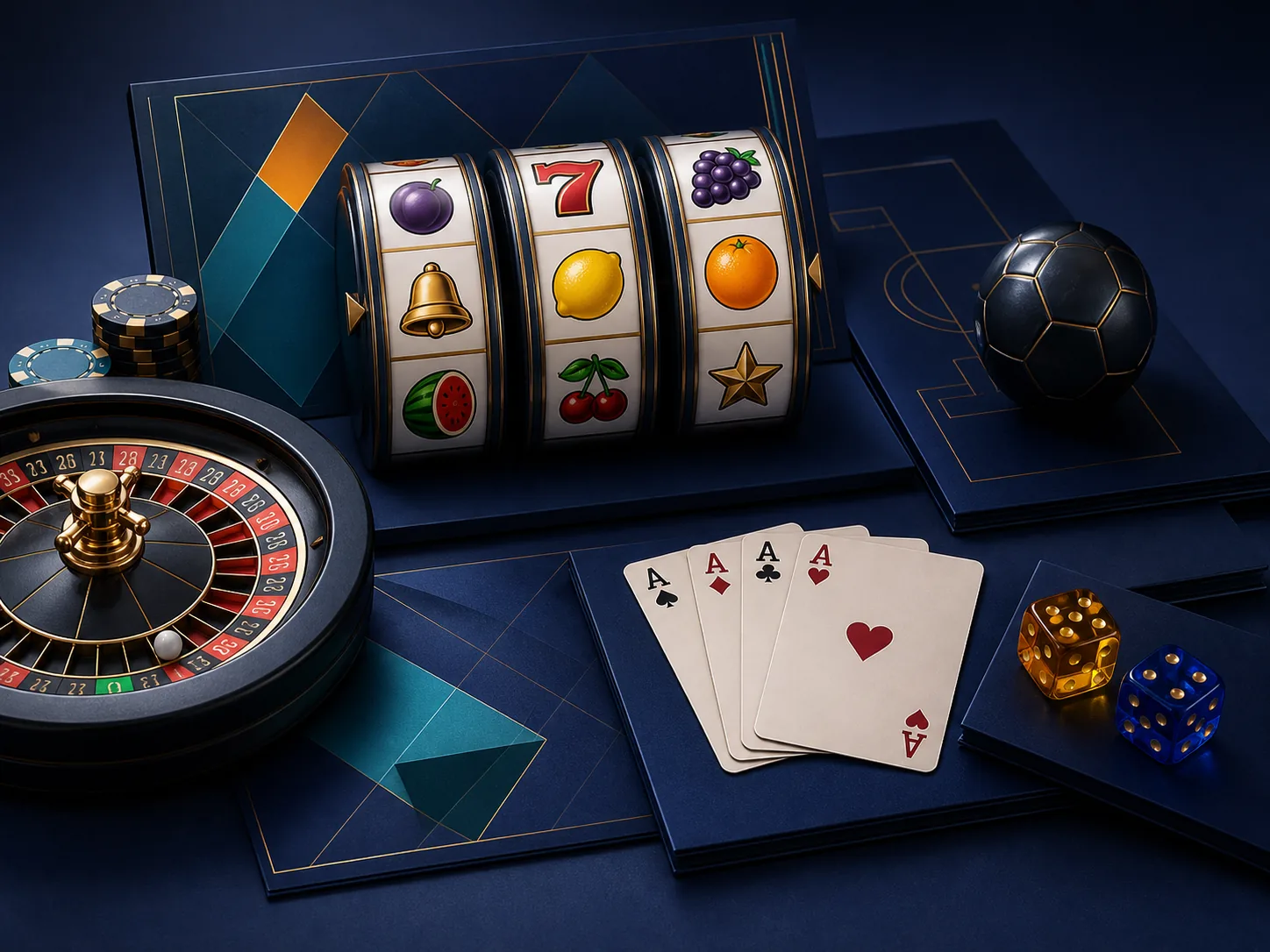 Categorias de jogos de cassino com slots, roleta, cartas e esportes