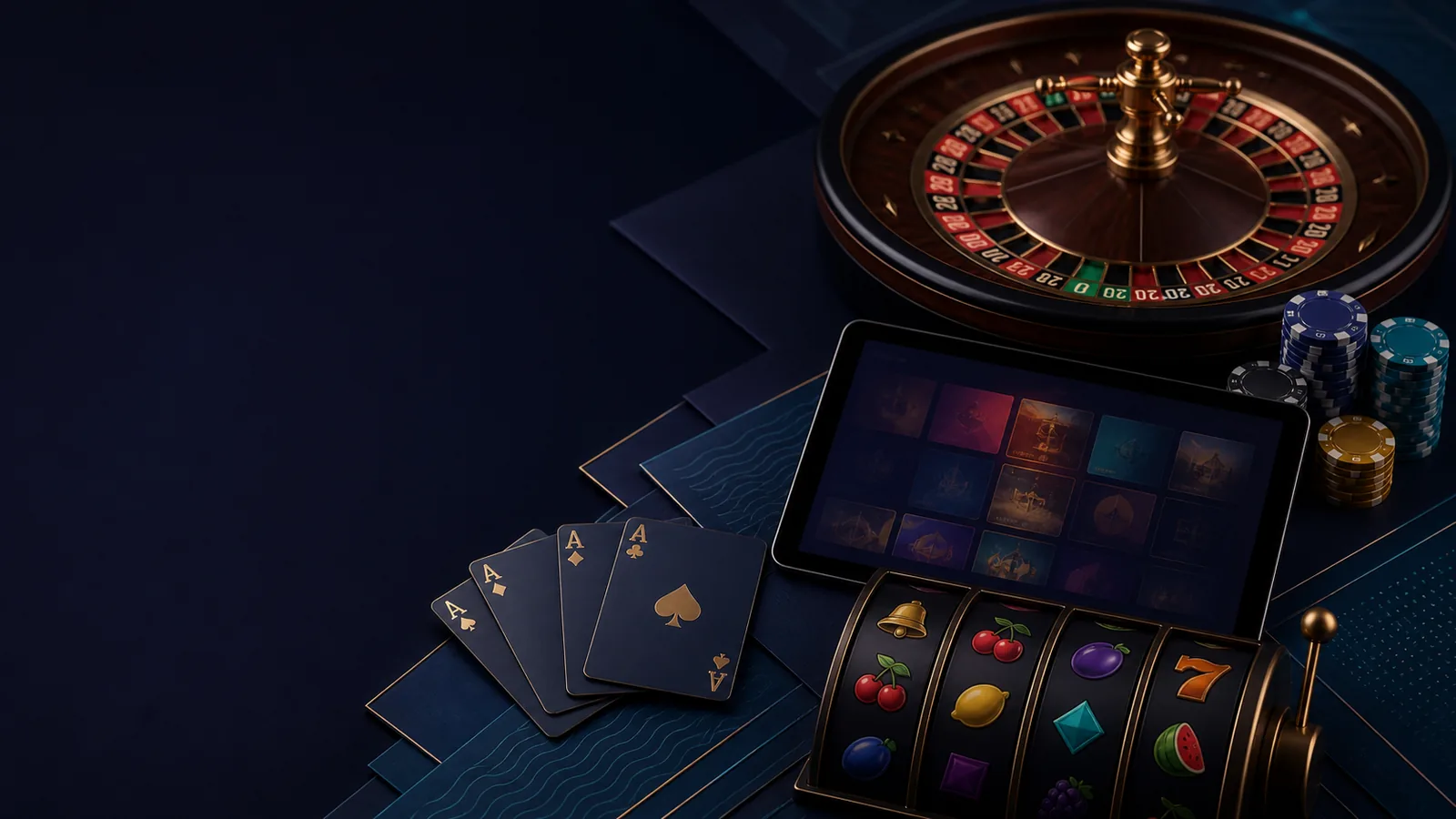 Ambiente editorial de cassino online com roleta, cartas e tela de jogos